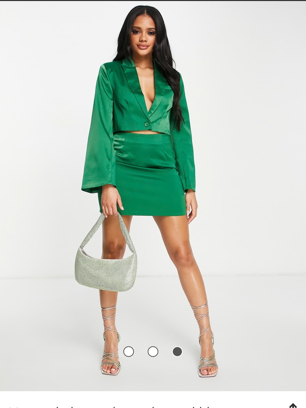 PIRAL Emerald Satin Two-Piece Skirt Set — Cropped Blazer & Mini Skirt